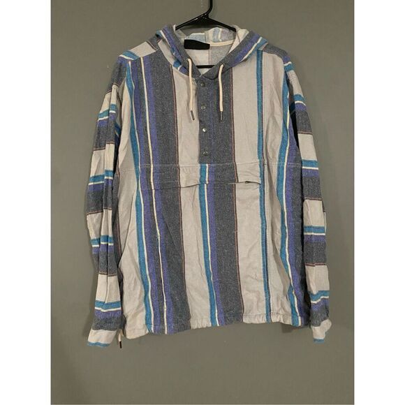 No Boundaries Striped Vintage Hooded Pullover Quarter Button Down Size L - Picture 1 of 10